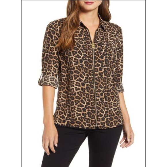 Michael Kors women Large top Leopard Print Dog Tag Zip Front Shirt animal print - Picture 2 of 4